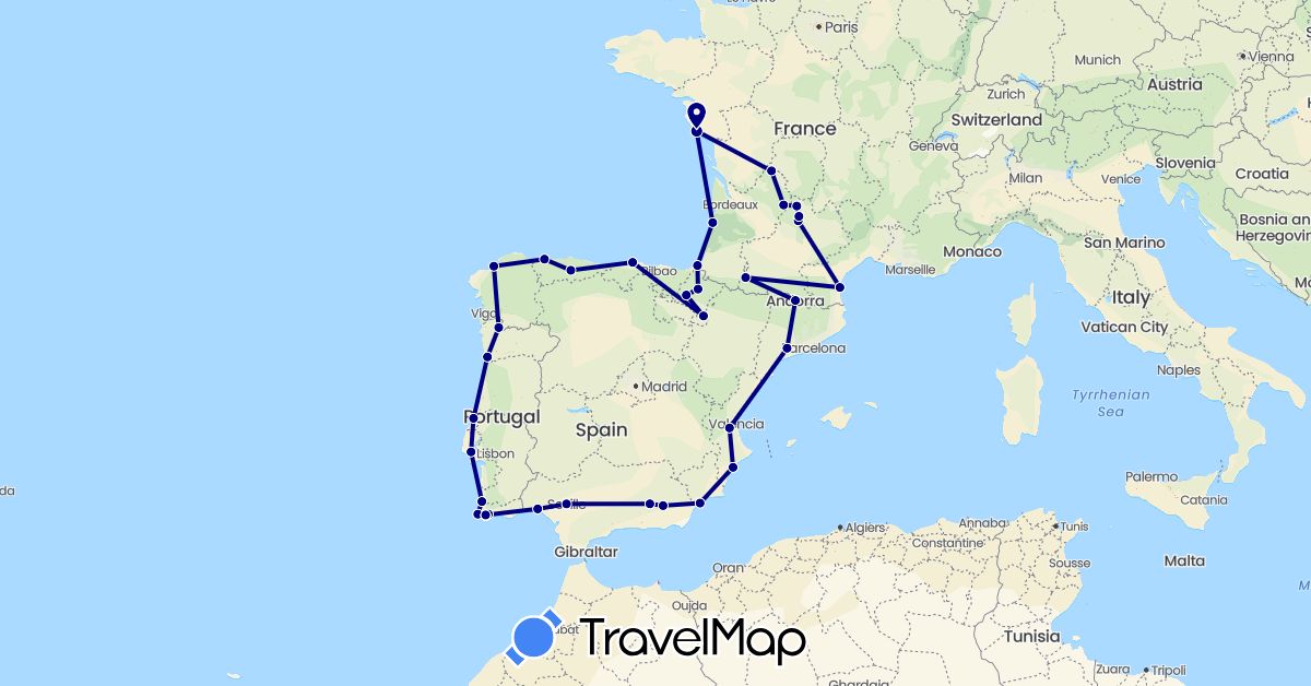 TravelMap itinerary: driving in Andorra, Spain, France, Portugal (Europe)