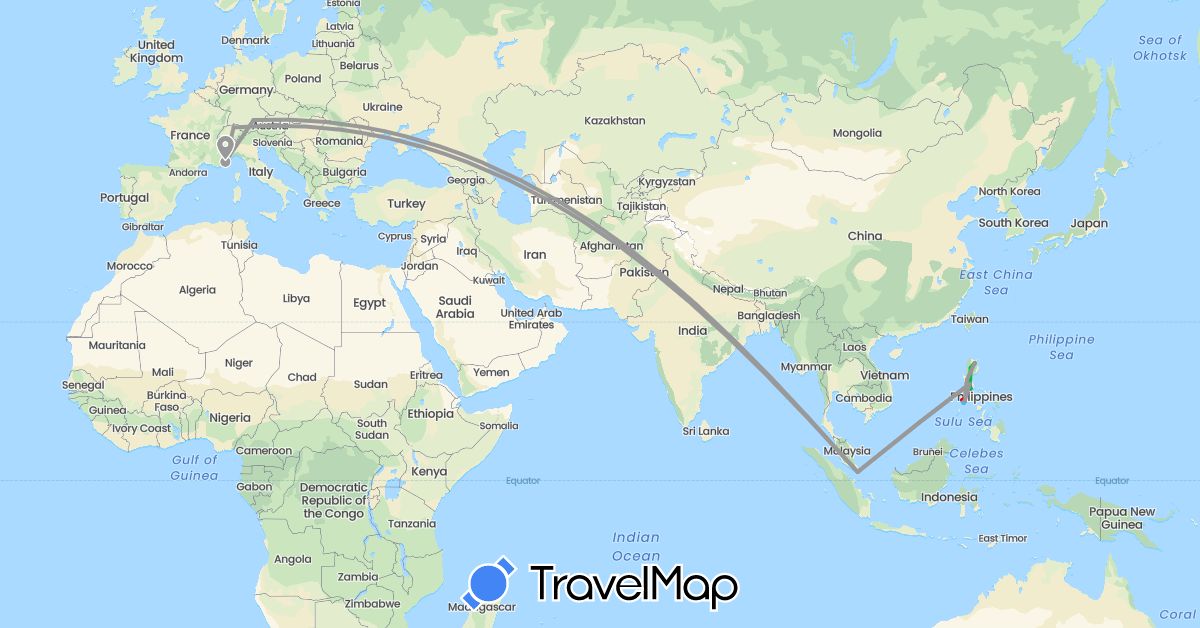 TravelMap itinerary: driving, bus, plane, boat, scooter in Switzerland, Germany, France, Philippines, Singapore (Asia, Europe)